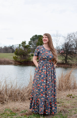 Antique Floral Prarie Style Maxi Dress with Natural Waist Bodice Non-Nursing