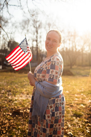 Patriotic Patchwork Prairie Style Nursing-Friendly Cotton Midi Dress with Natural Waist Bodice