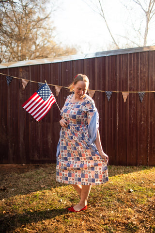 Patriotic Patchwork Prairie Style Nursing-Friendly Cotton Midi Dress with Natural Waist Bodice