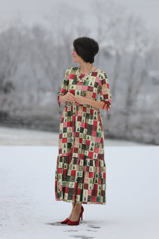 Holiday Patchwork Cotton Tiered Midi Dress