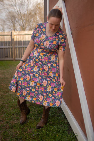 Jeweled Blooms Cotton V-Neck Twirl Dress