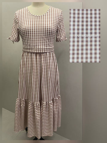 Brown Gingham Cotton Tiered Midi Dress