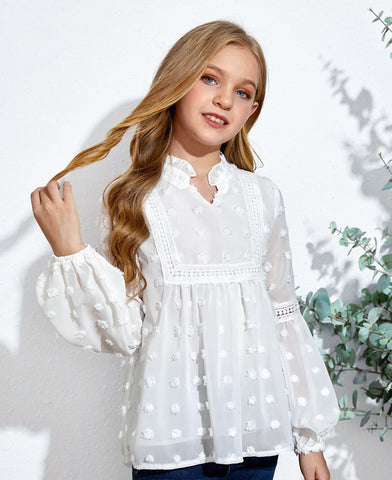 Pre-Order Girls Swiss Dot Spliced Lace Notched Blouse