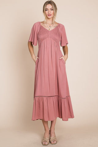Smocked Pocket Midi Dress in Rouge Pink