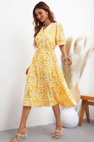 Pre-Order Floral Collared Neck Puff Sleeve Midi Dress