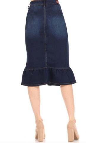 Button Down Ruffle Skirt in Dark Wash Denim 77531
