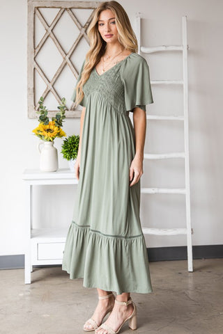 Smocked Pocket Midi Dress in Sage