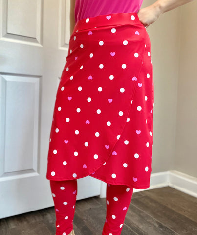 Red Heart Print Wrap Style Athletic Skirt with Ankle Leggings