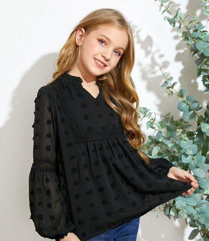 Pre-Order Girls Swiss Dot Spliced Lace Notched Blouse