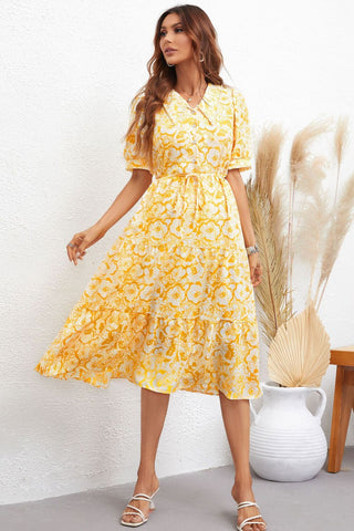 Pre-Order Floral Collared Neck Puff Sleeve Midi Dress