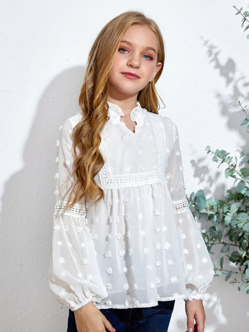 Pre-Order Girls Swiss Dot Spliced Lace Notched Blouse