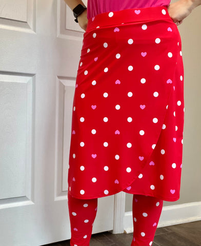 Red Heart Print Wrap Style Athletic Skirt with Ankle Leggings