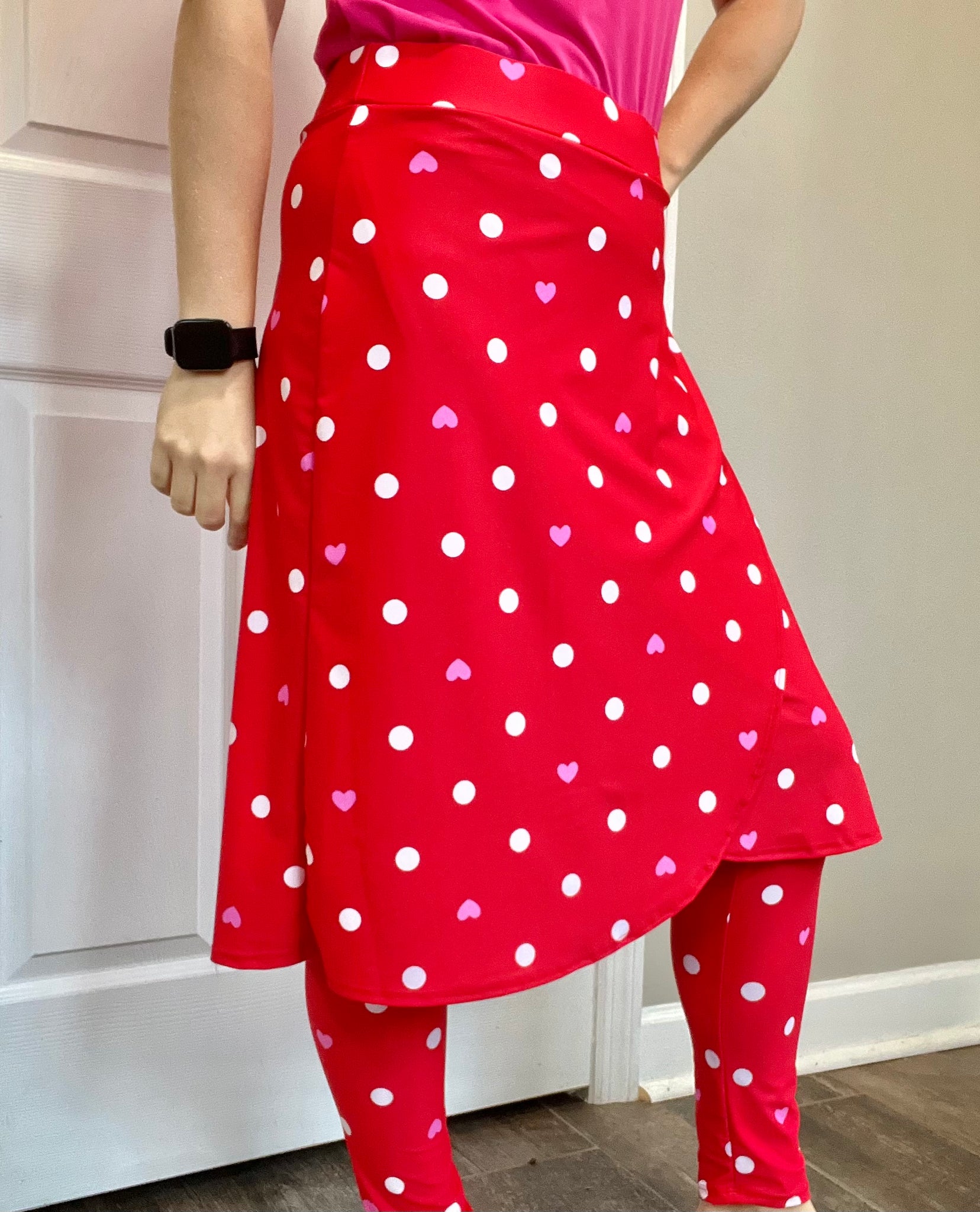 Red Heart Print Wrap Style Athletic Skirt with Ankle Leggings