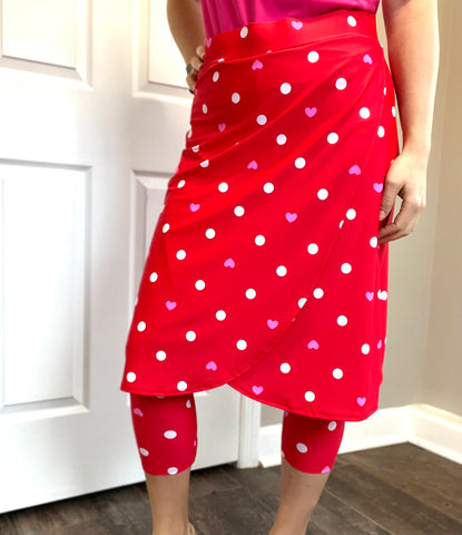 Red Heart Print Wrap Style Athletic Skirt with Ankle Leggings