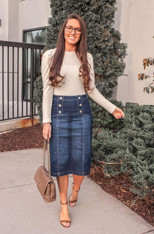 Dark Wash Below Knee Length Button Denim Skirt Style #77381