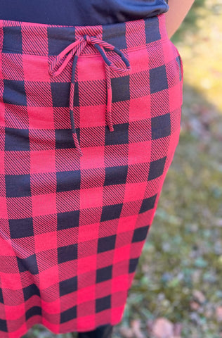 Red Plaid Drawstring Skirt with Built-in Hidden Leggings