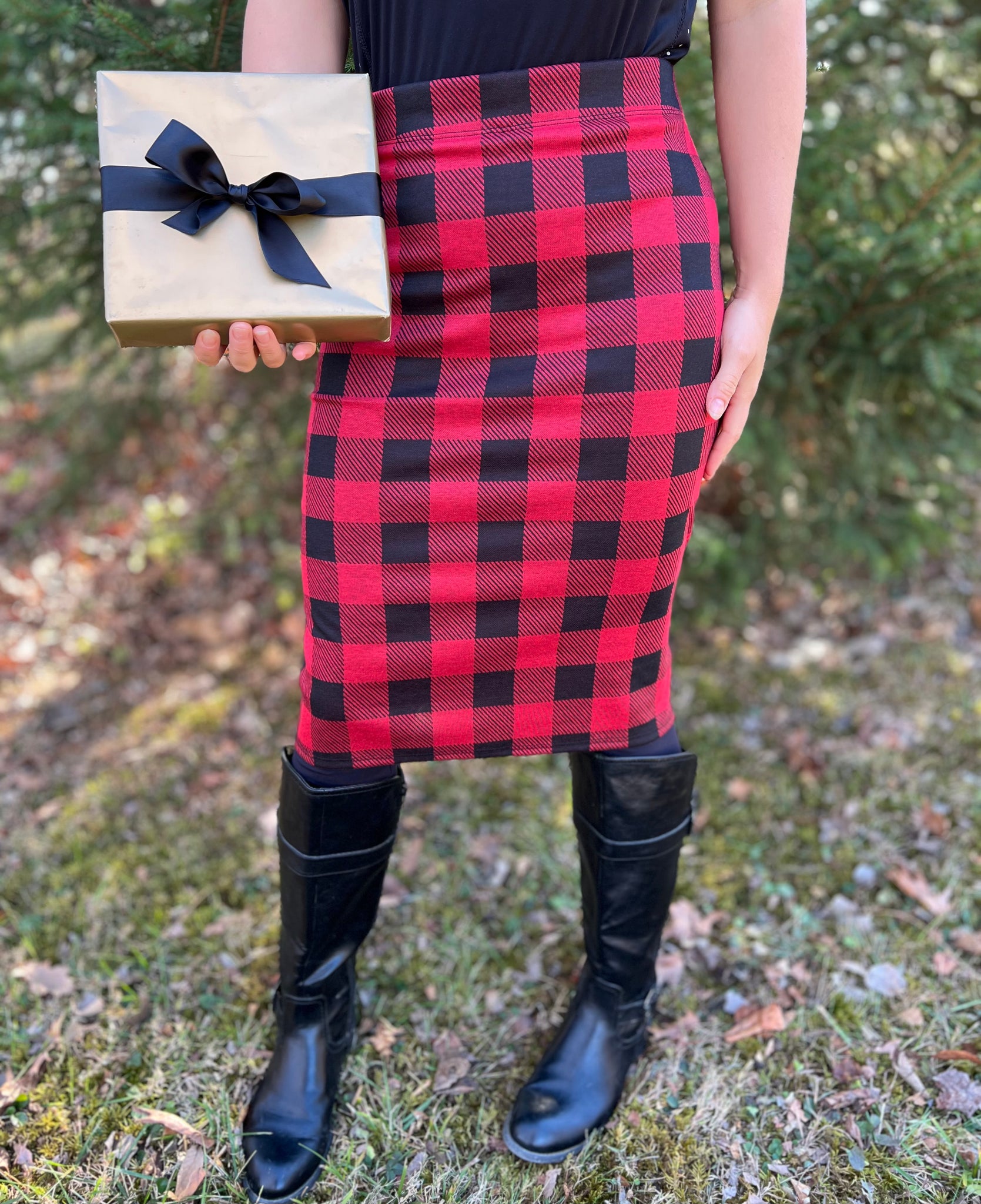 Red Plaid Pencil Style Skirt with Built-in Leggings