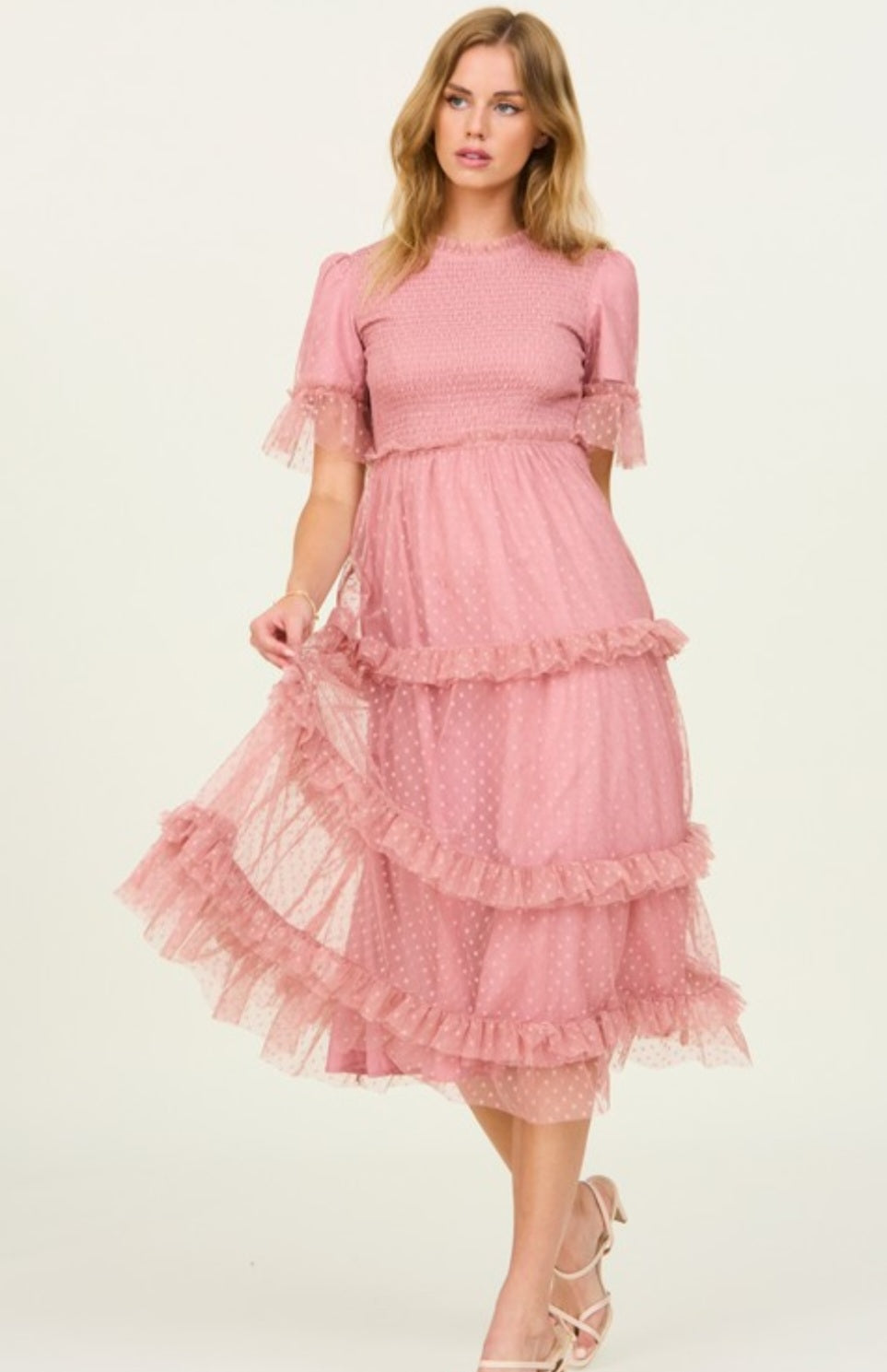 Lined Tulle Ruffle Pink Midi Dress