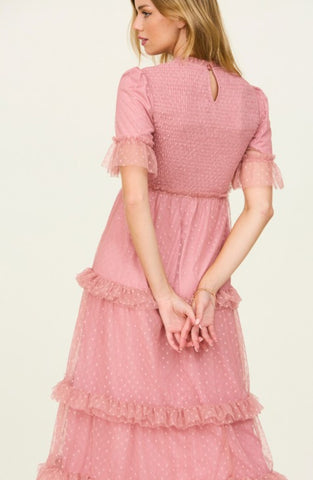 Lined Tulle Ruffle Pink Midi Dress