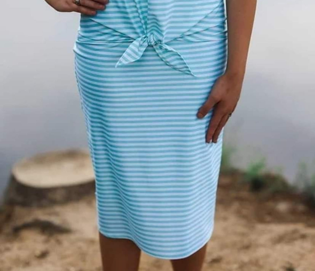 Mint Striped Pencil Athletic and Swim Skirt With Hidden Leggings