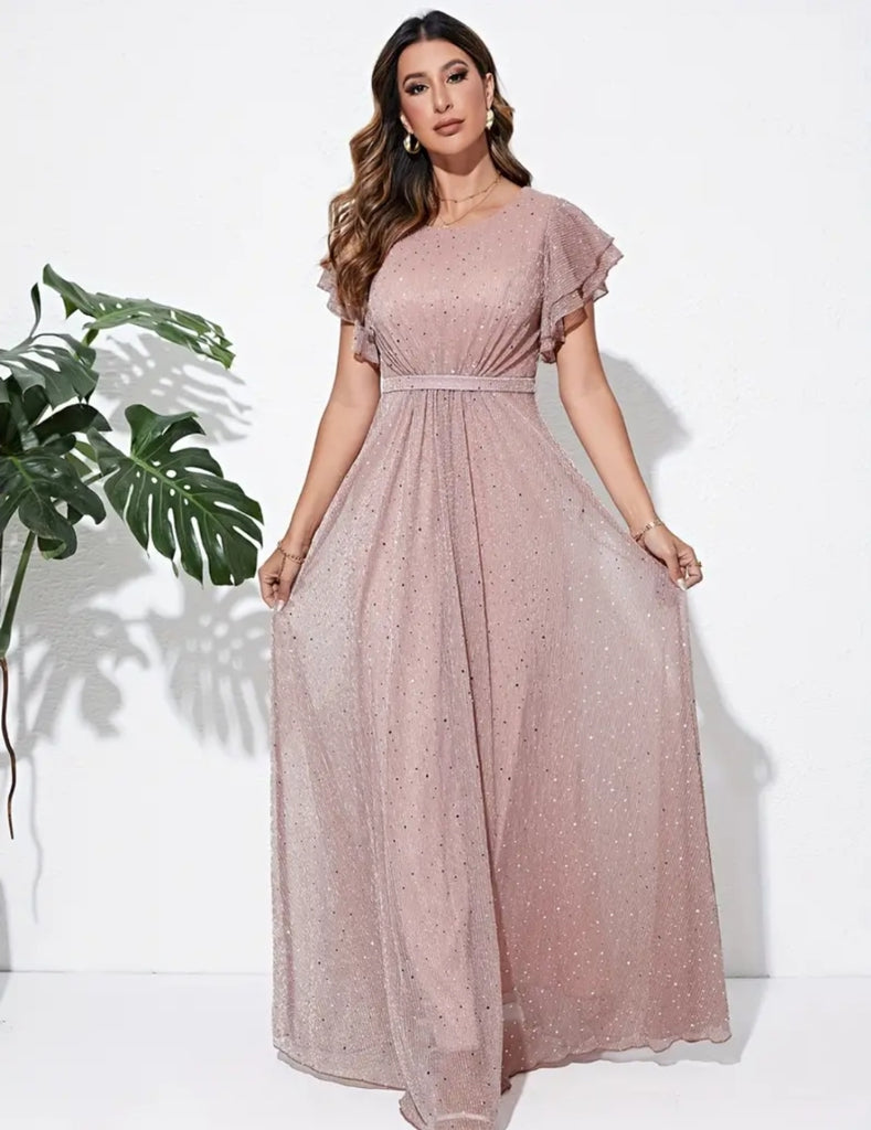 Evening in Paris Ruffle Sleeve Sequined Formal Maxi Dress