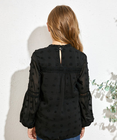 Pre-Order Girls Swiss Dot Spliced Lace Notched Blouse