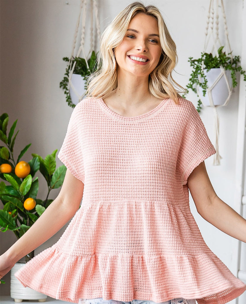 Pre-Order Waffle-Knit Buttoned Ruffle Hem Top