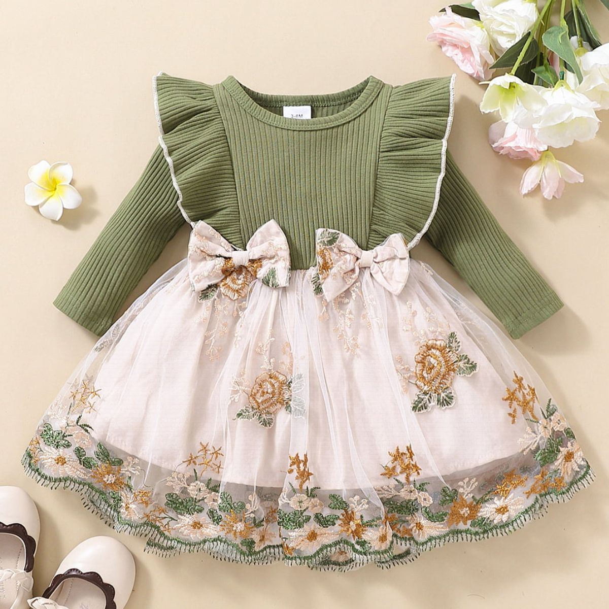Pre-Order Girls Floral Bow Detail Ruffle Shoulder Tulle Dress
