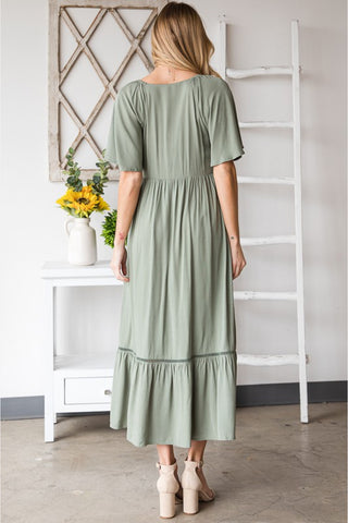 Smocked Pocket Midi Dress in Sage