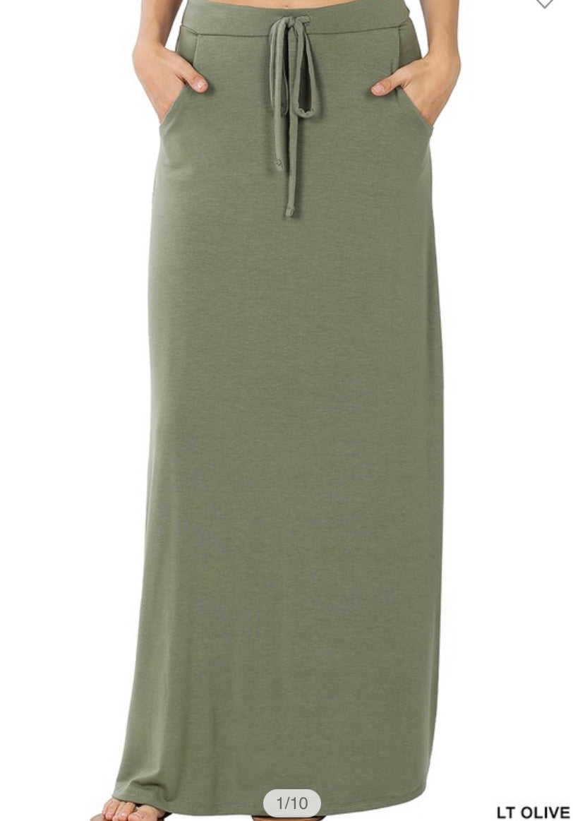 Light Olive Maxi Length Drawstring Skirt