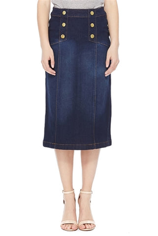 Dark Wash Below Knee Length Button Denim Skirt Style #77381